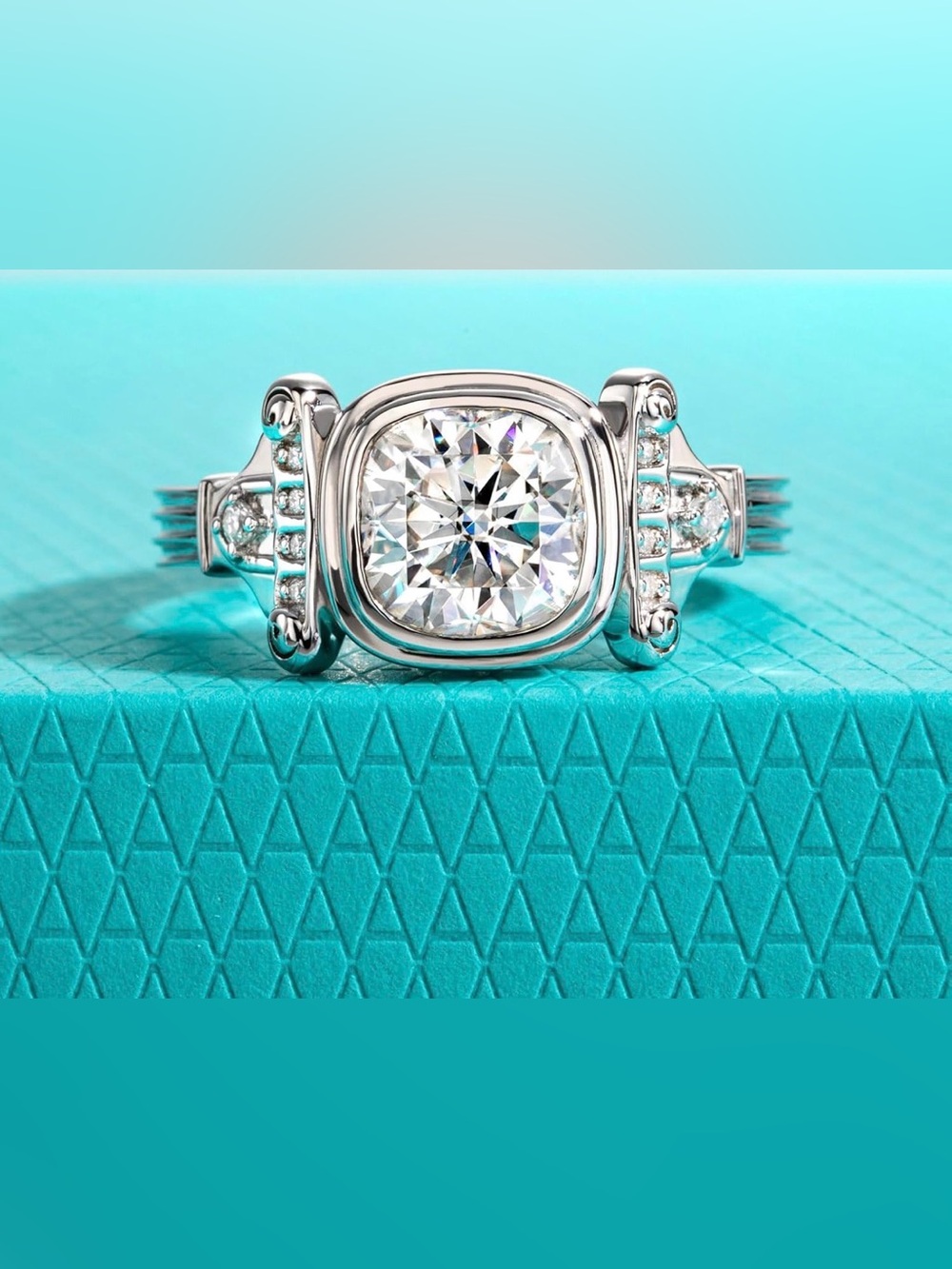 Sterling Silver Cushion-Cut Solitaire Ring with Accent Stones - White